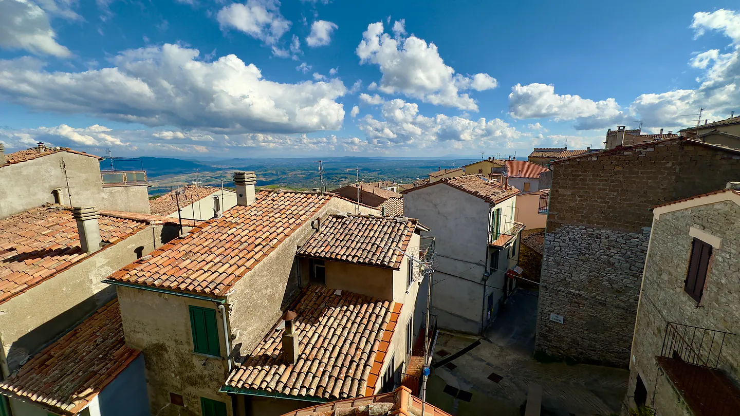 Rooftops in Castell'Azzara looking out to the hills